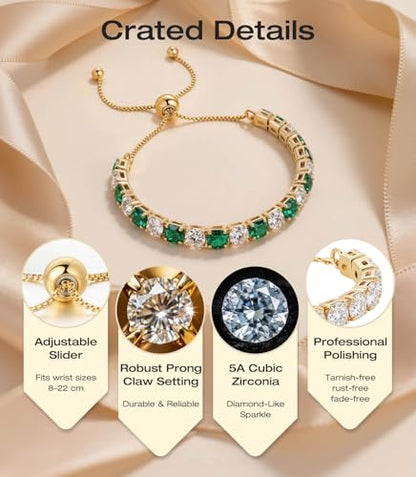 Lovans 14K Gold Plated Tennis Bracelets,White/Yellow/Rose Gold-plated Adjustable Cubic Zirconia Tennis Bracelet for Women - color: Gold, size: 4MM Green