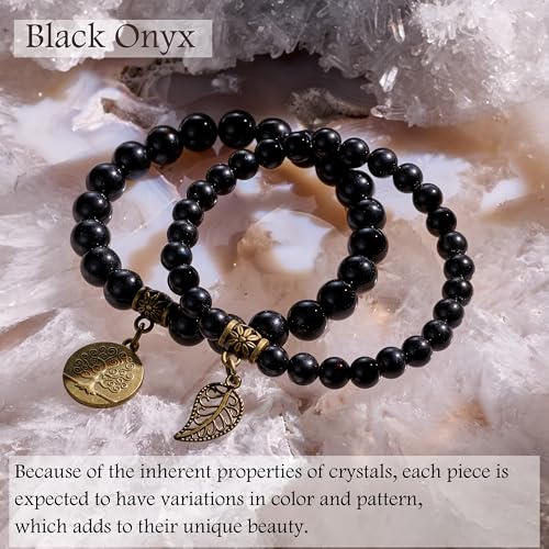 Bivei Natural Semi Precious Gemstone beads bracelet for women - Life Tree and Leaf Charm Energy Reiki Crystal Stretch Bracelets - color: Onyx Bracelet Set, size: Medium:6.8-7.24inch