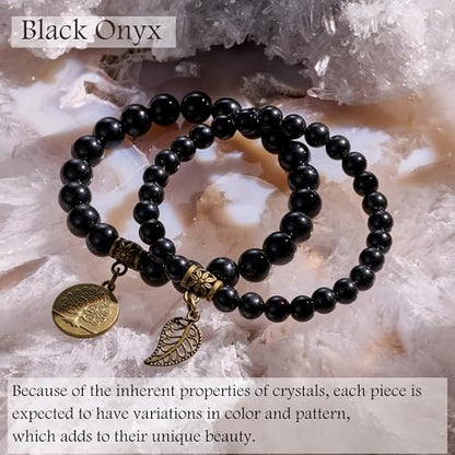 Bivei Natural Semi Precious Gemstone beads bracelet for women - Life Tree and Leaf Charm Energy Reiki Crystal Stretch Bracelets - color: Onyx Bracelet Set, size: Medium:6.8-7.24inch
