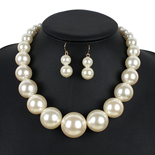 Fuqimanman2020 Chunky Large Simulated Pearl Choker Necklace Drop Dangle Earrings Crystal Bib Big Round Beaded Strand Multicolor Costume Statement Wedding Jewelry Set for Women Brides - color: White