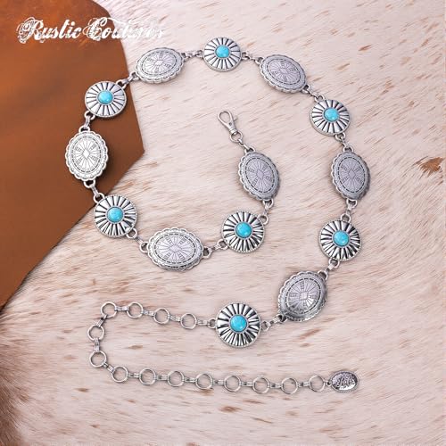 Montana West Rustic Couture's Turquoise Western Concho Chain Belt for Women | Large Western Cowgirl Metal Adjustable Boho Body Chain Belt for Dresses Jeans Country Concert - color: Peacock Plume Turquoise