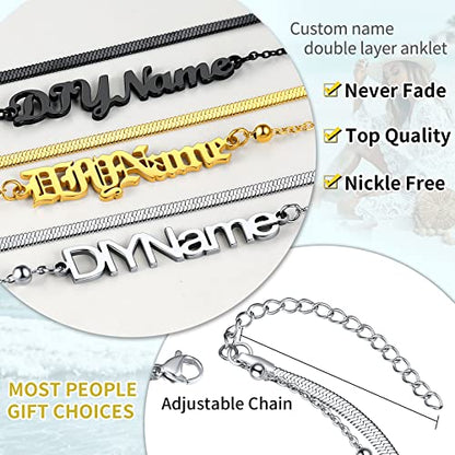 ChainsHouse Double Layer Anklet Bracelet for Women,Adjustable Chain Anklets Stackable Dainty Anklets,Stainless Steel/Gold Plated/Black Ankle Jewelry Gifts - color: A-Silver-Snake Chain