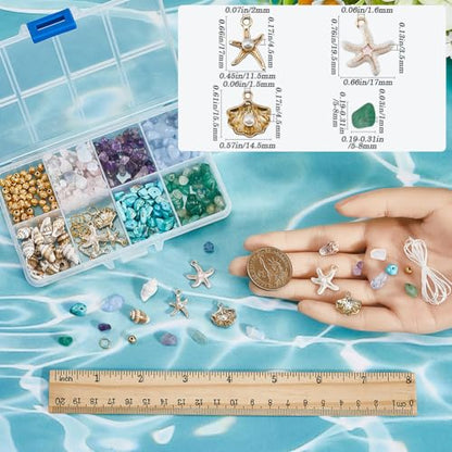 SUNNYCLUE 1 Box 6 Sets Sea Bracelet Making Kit Natural Stone Chip Beads Enamel Starfish Shell with Acrylic Pearl Rose Quartz Stone Chip Bead for Jewelry Making Kit Women Adults Starters Gift - style: Ocean 1
