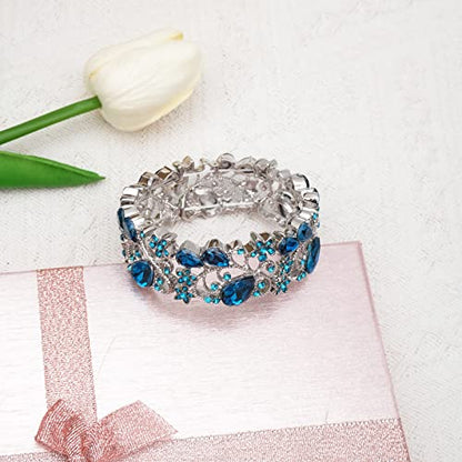 CSY Elegant Crystal Costume Jewelry Sets Flower Bridal Necklace Earrings Stretch Bangle Set for Bride Bridesmaid Wedding Dress Accessories - color: lake blue crystal-platinum tone