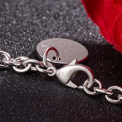Dankadi Women 925 Sterling Silver Round Cable Wire Link Bracelet Charm Heart-Bell-Square-Circle Pendant Chain Bangle Fine Jewelry Gift For Wife Her - color: 6MM Silver Round Pendant, size: 8 in