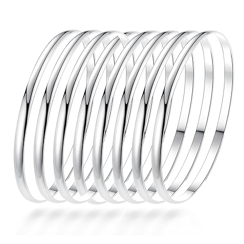 Fashion Shiny Thin Round Stainless Steel Bangle Bracelets for Women (1/3/5/8 Set) - style: Flat-8 Set