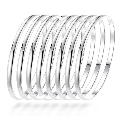 Fashion Shiny Thin Round Stainless Steel Bangle Bracelets for Women (1/3/5/8 Set) - style: Flat-8 Set
