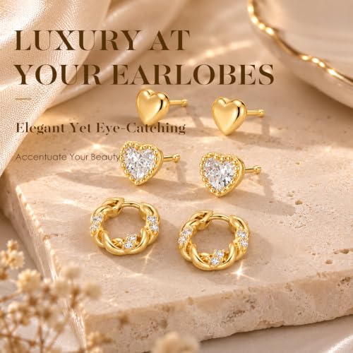 Huggie Hoop Earrings,Dainty Earring Set,3 Pairs Heart Stud, CZ Heart Stud and Twisted Huggie Hoop, Fashion Jewelry for Women