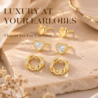 Huggie Hoop Earrings,Dainty Earring Set,3 Pairs Heart Stud, CZ Heart Stud and Twisted Huggie Hoop, Fashion Jewelry for Women