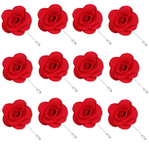 12 Pcs Flower Lapel Pins, Handmade Camellia Flower Boutonniere for Men Women Suit Wedding Party - color: 12X Red