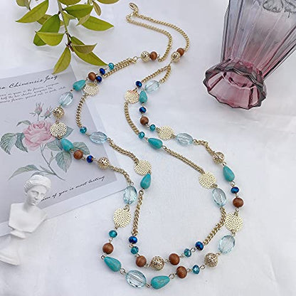 Bocar Long Necklaces for Women Trendy, Boho Layered Crystal Beaded Collar Necklaces for Women, Fashion Statement Necklaces Jewelry - color: Blue