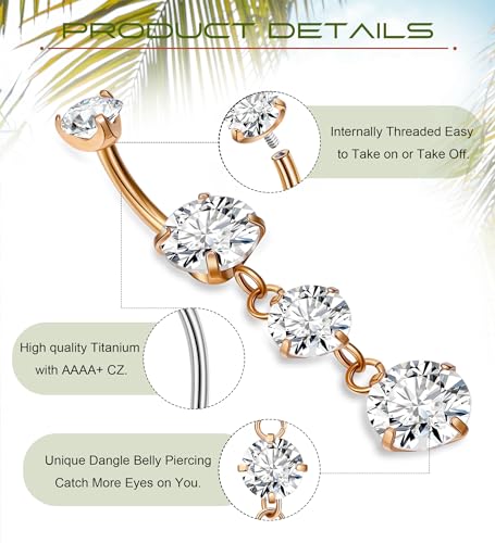 G23 Titanium Dangle Belly Button Rings for Women Dangling Navel Rings CZ Belly Rings Curved Barbell Internally Threaded Belly Piercing Jewelry - color: Rose Gold