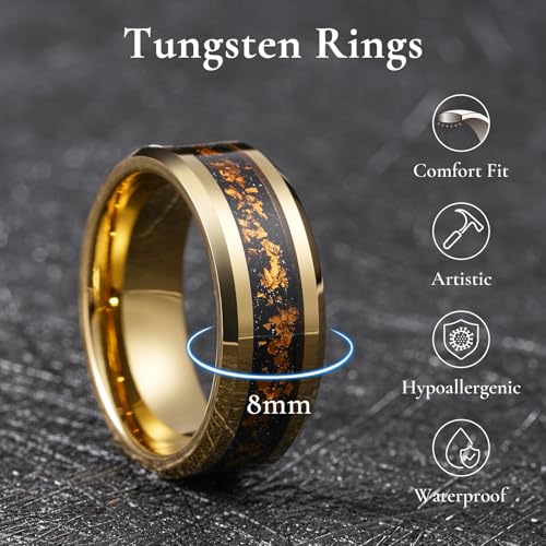 King Will Mens Wedding Band with Foils Inlay, Black/Silver/Gold Beveled Edge Glowstone Ring, 6mm/8mm Tungsten Carbide Rings Comfort Fit - color: Gold&Orange-8mm