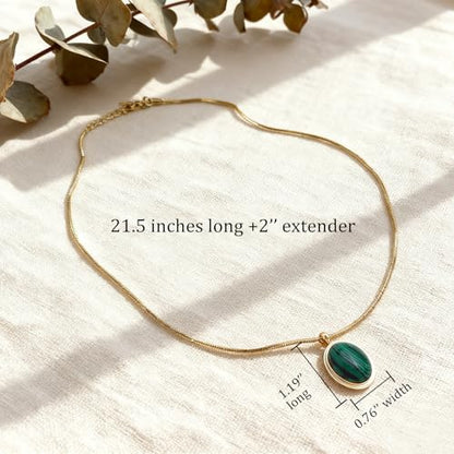 Sonateomber Gold Stone Pendant Necklace for Women, Chunky Statement Dainty Heart Oval Natural Gemstone Dangle Necklaces Wedding Prom Accessories Fashion Jewelry Gift - color: Green Malachite