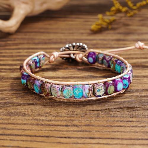 Plumiss Women Boho Handmade Natural Stone Crystal Leather Bead Wrap Bracelets Collection - style: Purple Blue Jasper 1W
