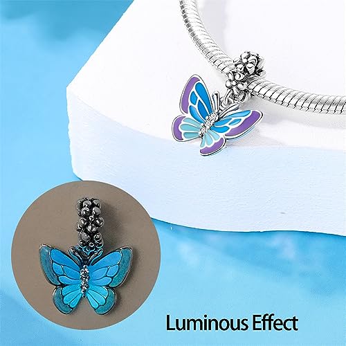 LNQOBU 925 Sterling Silver Charms Color-changing Chameleon Dangle Charm Beads Glow in the Dark Charme fits Pandora Bracelets and Necklace Jewelry Gift for Women - style: D-Glow in the dark Blue-Purple Butterfly Charms