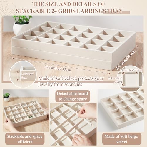 Cinnvoice 2 Pcs Stackable Jewelry Organizer Tray for Drawer, 24 Grids Velvet Earrings Ring Tray for Selling Earring Necklace Bracelet Showcase Display Organizer (Beige)