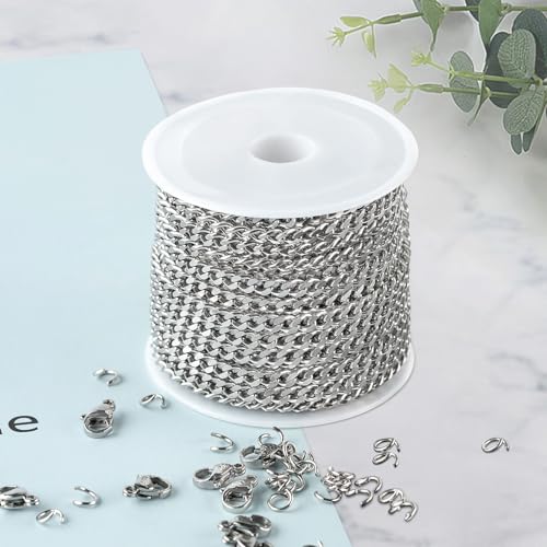 Kyutong Twist Curb Link Chain Bulk Silver Jewelry Making Chain Supplies | 16.4 Feet Stainless Steel Chain Roll Silver Jewelry Craft DIY Chain Links for Necklace Bracelet Making with Clasps - color: Silver Curb