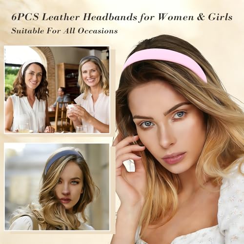 6 PCS Leather Headbands for Women Wide Cute Fashion Padded Headbands Non Slip Head Bands for Women's Hair PU Leather Soft Hairband for Girls diademas para mujer de moda Hair Accessories