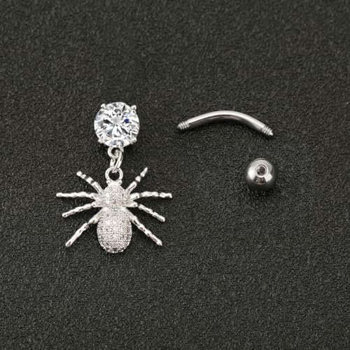 14G Crystal Spider Dangle Belly Button Ring for Women Men Stainless Steel Cubic Zirconia Statement Goth Insect Charm Navel Rings Curved Barbell Simple Sexy Halloween Body Piercing Jewelry - color: Silver