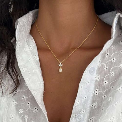 Pearl Necklaces for Women Trendy,14k Gold Plated Pearl Pendant Necklace Dainty Wedding Necklace Small Cute Gold Choker Necklace for Women Non Tarnish Gold Prom Jewelry Fashion Bridesmaids Gifts - color: gold flower
