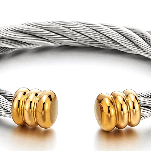 COOLSTEELANDBEYOND Large Elastic Adjustable Steel Twisted Wire Cuff Bangle Bracelet for Men Women - color: F-Metal Color: Silver & Gold