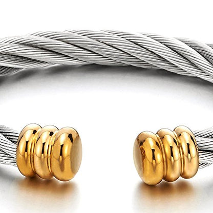 COOLSTEELANDBEYOND Large Elastic Adjustable Steel Twisted Wire Cuff Bangle Bracelet for Men Women - color: F-Metal Color: Silver & Gold