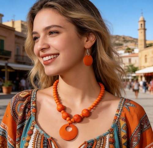 LOTSOF Boho Wooden Beaded Necklace and Earring Set for Women, Bohemian Chunky Statement Costume Jewelry, Round Drop Pendant Retro Ethnic Accessories Ladies Gift - color: Orange