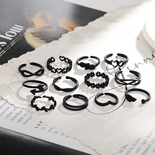 TOBENY 12PCS Gold Toe Rings for Women Non Tarnish Adjustable Open Set | Rose Black Waterproof Toe Ring Set, Sterling Silver Toe Rings, Flower Arrow Tail Band, Dainty Summer Beach Foot Jewelry - color: D-Black Color