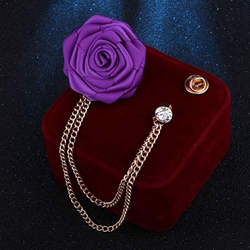 Fashion Bridegroom Wedding Brooches Cloth Art Hand-Made Rose Flower Brooch Lapel Pin Badge Tassel Chain Men's Suit Accessories - color: Purple