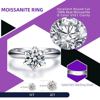 LUSHE Moissanite Engagement Ring 1-2CT D Color VVS1 Clarity 925 Sterling Silver with 18K White Gold Plated Solitaire Moissanite Wedding Promise Rings for Women - color: 001-1 Carat