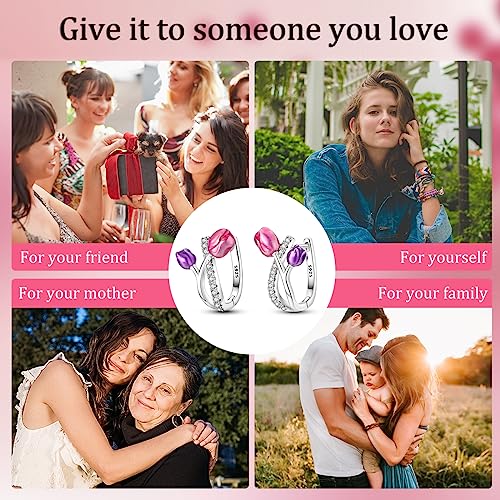 Parmuz 925 Sterling Silver Butterfly Huggies Hoop Earrings for Woman | Gold Plated Cubic Zirconia Star Moon cross Twisted huggie Hoop Post Chunky Small Tiny cuff Snake Heart Earring Gift for Her - color: Purple flower hoop earring