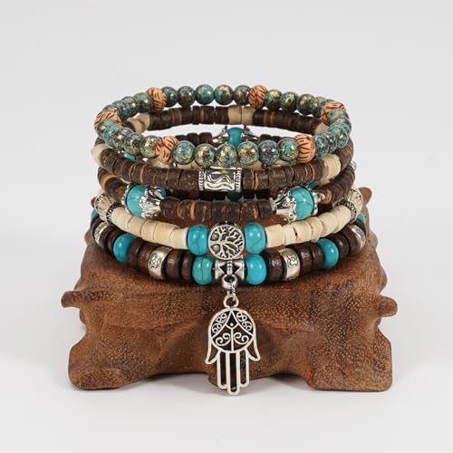 Boho Wooden Beads Bracelets Bohemian Bracelet Stack for Men Women Wood Beaded Bracelet Set - color: E