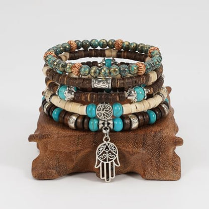 Boho Wooden Beads Bracelets Bohemian Bracelet Stack for Men Women Wood Beaded Bracelet Set - color: E
