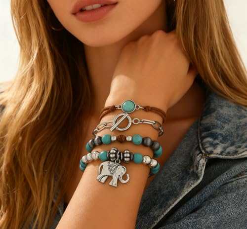 LOTSOF Western Turquoise Beaded Bracelet, Chic Stack Beaded Western Style for Country Concerts, Cowgirl Outfits & Boho Jewelry - color: Elephant Style