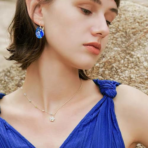 14K Gold Teardrop Crystal Leverback Earrings Sparkly Rhinestone Water Droplet Dangle Drop Earrings For Women - color: Royal Blue