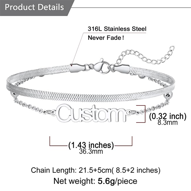 U7 Custom Layered Ankle Bracelets for Women Stainless Steel Bead/Cuban/Figaro/Rope/Wheat Chain Anklet Waterproof Anklet Jewelry for Beach Vacation - color: b-Silver-Herringbone Chain