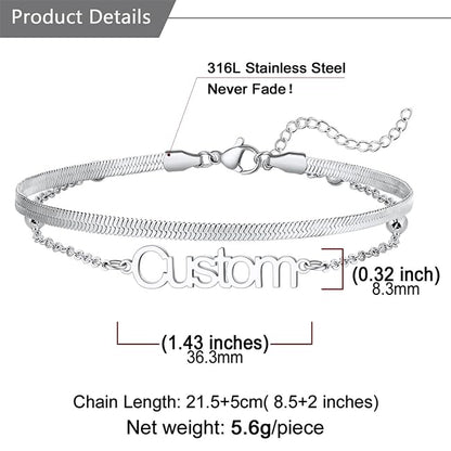 U7 Custom Layered Ankle Bracelets for Women Stainless Steel Bead/Cuban/Figaro/Rope/Wheat Chain Anklet Waterproof Anklet Jewelry for Beach Vacation - color: b-Silver-Herringbone Chain
