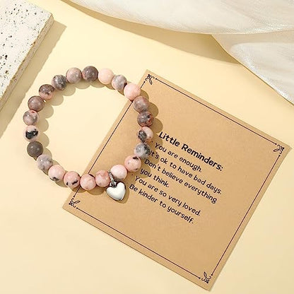 MIXJOY Inspirational Gifts for Women, Heart Charm Pink Elastic Beads Bracelet, Positive Affirmations Get Well Soon Gifts - style: steel heart little reminders pink