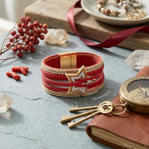 Leather Wrap Bracelets for Women Boho Layered Cuff Bracelets Bling Bohemian Jewelry - color: Burgundy