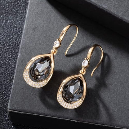 Austrian Crystal Halo Teardrop Hollow Drop Dangle Earrings for Women 14K Rose Gold Plated Hypoallergenic Jewelry Gifts - color: Grey-Black