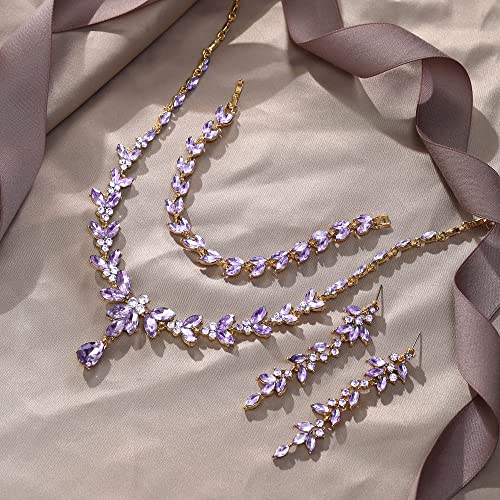 EVER FAITH Marquise Crystal Leaf Bridal Prom Jewelry Set for Women Bride | Rhinestone Wedding Party Necklace Dangle Earrings Tennis Bracelet, for Bridesmaid - color: Light Purple Gold-Plated-Base