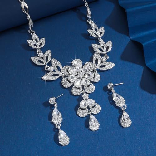 Wedding Jewelry Sets for Brides Rhinestone Necklace and Earring Set Bracelet Ring Gold Silver Prom Jewelry Sets Diamond Flower Teardrop Necklace for Women - color: Style3-Clear&Silver-2pcs