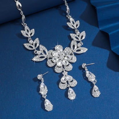 Wedding Jewelry Sets for Brides Rhinestone Necklace and Earring Set Bracelet Ring Gold Silver Prom Jewelry Sets Diamond Flower Teardrop Necklace for Women - color: Style3-Clear&Silver-2pcs
