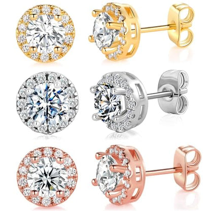 MDFUN Halo Stud Earrings 18K Gold Plated 5A+ Cubic Zirconia Round Earrings Hypoallergenic Ears Jewelry for Women Men - color: White Gold/Yellow Gold/Rose Gold