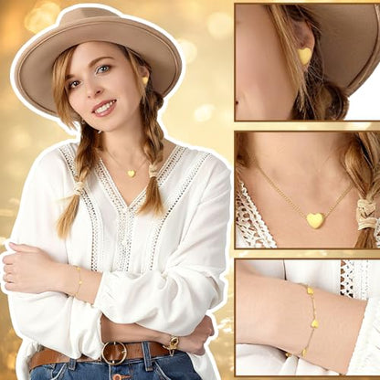 3 Pcs Heart Bow Snow Jewelry Set | Heart Necklace with Bracelet Earring, Snow Jewelry Set for Women, Bow Charms Toggle Gifts - color: Gold, style: Heart