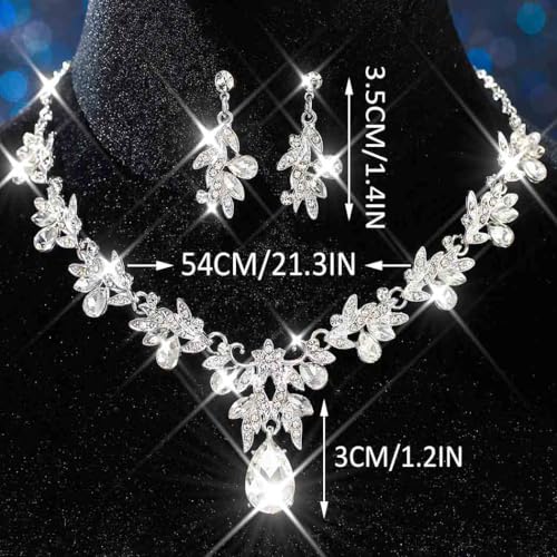 Rhinestone Bridal Wedding Jewelry Sets Gold Necklace Earrings Set Leaf Prom Formal Costume Jewelry Set for Women and Brides - color: Silver