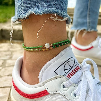Made by Nami Boho Surfer Anklet Waterproof & Adjustable Beaded Anklets for Women Beachy Ankle Bracelet Made from Waxed Cotton Rope and Beads for Summer and Hippie Style - color: Green Pearl