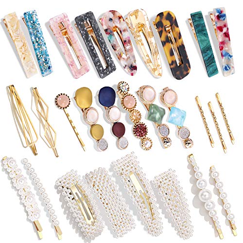 Magicsky 28 PCS Pearls and Macaron Acrylic Resin Hair Clips for Women Girls | Fashion Hair Barrette sets, Fancy Marble Alligator Bobby Pins, Elegant Crystal Geometric Hairpin, Decorative Hair Accessories