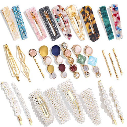 Magicsky 28 PCS Pearls and Macaron Acrylic Resin Hair Clips for Women Girls | Fashion Hair Barrette sets, Fancy Marble Alligator Bobby Pins, Elegant Crystal Geometric Hairpin, Decorative Hair Accessories